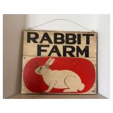 vintage decorative and collectible double sided wooden sign featuring a painted rabbit and the text 'RABBIT FARM”…..23-3/4 x 20-1/4