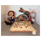 Grouping of (4) vintage items…..Raggady ￼￼Andy, plaid rabbit, embroidered pillow and dental doll