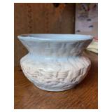 Pennsylvania Dutch Blue White Salt Glaze Stoneware Cuspidor (Spittoon) in Wild Rose Basketweave Pattern…..shows age…..7-1/2”D x 5” tall