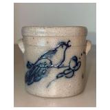 Small Rowe Pottery crock with bird design…..3-1/4” tall