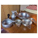 Miscellaneous grouping of pewter items…..creamer, scalloped edge bowl, (3) porringers - 2 with glass inserts, gravy boat