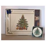 NIB 4-piece set of Pimpernel quality Christyplacemats and box of (6) round cork-back Christmas coasters