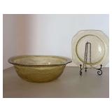 (2) Federal Glass Madrid Amber bowls…..left has small chip and measures 9-1/2”D x 3” tall - tight measures 7” square x 1-1/4” tall