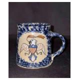 Vintage Hay Creek Left Handed Russell Henry Sponge Ware Mug with American Eagle motif