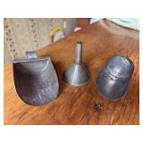 Grouping of (3) vintage metal kitchen utensils…..2 scoops and 1 funnel….scoops are 4 and 4-1/2 long and funnel is 3-1/2 tall