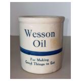 Wesson Oil advertising crock with cobalt blue stripe and writing…..4-1/2”D x 5” tall