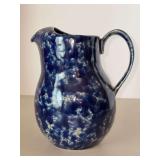 Pennsylvania Dutch Bennington Potters Vermont Spatterware Blue Pitcher with Ice Spout…..8” tall…..marked 2072