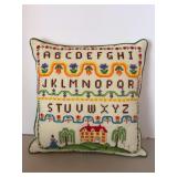 Hand embroidered Pennsylvania Dutch Sampler-themed throw pillow…..14-1/2” square