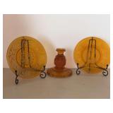Vintage Fostoria Coin glass candle base, (1) Tiara Indiana Glass piece in the 'Amber Sandwich' pattern and (1) Indiana Glass Co. Daisy Pattern Sandwich Plate