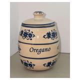 Vintage (1999) pottery Oregano Spice Jar…..from the 18th Annual B & W Pottery Conv. - June 10-12, 1999 - Iron & Lace…..4” tall