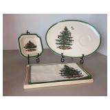 (3) pieces of Spode China…..ashtray, snack tray (no cup) and boxed set of (8) linen napkins