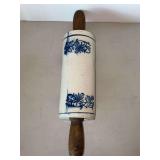 Antique 1900s Primitive Stoneware Blue & White Rolling Pin…..chipping