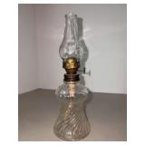 Vintage (1940s) P & A Miniature Clear Glass Oil Lamp with Hurricane and Swirled Glass…..8” tall