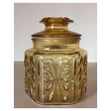Vintage LE Smith Atterbury Scroll Amber Canister with rubber seal lid…..6-1/2” tall