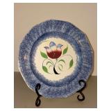 Antique British earthenware Spatterware plate, featuring a distinctive blue sponged or spatter-decorated border with Tulip design center…..9-1/2”D….There’s a spot on tulip that is blemished
