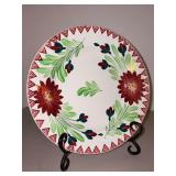 Antique Villeroy & Boch Wallerfangen Saar Basin 9-1/4” plate featuring red dahlia-like flowers with green foliage and a geometric border trim…..tiny chip on rim from normal use