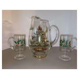 Vintage Spode Christmas Tree Pitcher with Ice Lip with (2) Lenox Christmas Dimension Footed Mugs with Gold Rim