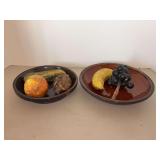 (2) vintage pottery bowls with heavy resin fruit and vegetables