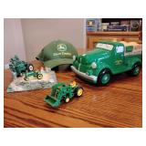 John Deere, Ball Cap, Ceramic Truck Bank, and Tractor Toys.