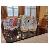 Vintage Hazel-Atlas amber glass whiskey barrel shot glass, toothpick holder. Vintage Libbey Gibraltar glass sugar packet holder. Vintage Princess House Fantasia glass salt and pepper shakers.