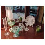 Vintage Imperial Glass 'Beaded Block' open sugar bowl, Princess House Heritage pattern 10-inch bud vase, vintage kerosene or oil lamp, vintage Indiana Glass 'Candle Lite' clear crystal candlestick hol