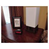 Nightlight with USB port, Vintage Alarm Clock, Framed Bible saying.