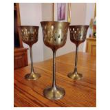 Three vintage brass pierced goblet candle holders, decorative openwork design, 10' T x 3 3/4' across top.