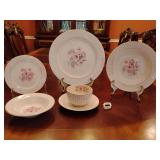 Homer Laughlin's Mary Anne 6 piece place setting, dinner plate, soup bowl, bread/butter plate, fruit/dessert bowl, tea cup ***has crack, handle broken off see pic*** and saucer.