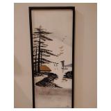 Statement, Vertical canvas painting depicting a traditional lake scenery in a Chinese or Japanese style, 46 3/4' T x 19 1/4' W, frame is 2' D.