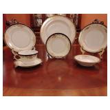 Sone China 7 piece place setting, dinner plate, salad plate, bread & butter plate, soup bowl, fruit/dessert bowl, tea cup & saucer. Stunning black & gold pattern, hand painted. Made in Japan.