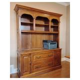 Credenza Oak, Traditional, Mfg. Winners Only Inc. ,Black Rubbed Hardware, 6 upper compartments, open middle section, 2 lower locking drawers with keys for hanging files, 2 doored side compartments wit