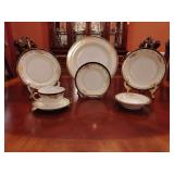 Sone China 7 piece place setting, dinner plate, salad plate, bread & butter plate, soup bowl, fruit/dessert bowl, tea cup & saucer. Stunning black & gold pattern, hand painted. Made in Japan.