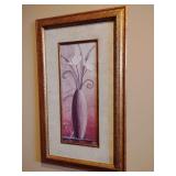 Print, Flower in Vase, pink & purple background colors, gold tone frame, 30' x 18'.