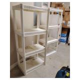 2, Shelving Units, each 4 shelves, 48' & 50' T, 22' W, 14' D, white, plastic.