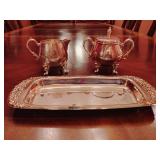 Silver on Cooper Cream & Sugar and 1847 Rogers Bros. #199 Silver Plate Tray 10 1/2' x 4 3/4'.