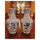 Pair Chinese hexagonal blue and white porcelain vases, 10 1/4' T.
