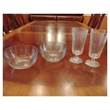 2 Vintage crystal star footed tumbler, intricate etched or cut floral patterns 6 3/4' T and 2 clear glass bowls, versatile serving dish 3' T x 5 3/4' across.