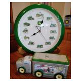 John Deere Wall Clock 13 1/4' across and Truck Tin.