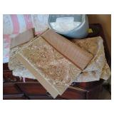 New Set Full Sheets, New Half-Moon Pillow, Vintage: Sweet worn quilt, Handmade crochet afghan/zigzag, Pink blanket, Handmade yarn-crocheted clothes hangers, 2 slightly used bed pillows.