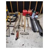 Yard Lot: 2 25' Continental Black Rubber Hoses, Power Jet Sprayer, 4 Gas Cans, 3 Small Propane Bottles, 2 Sprayers, 2 Jugs of Tractor Oil, Rolls Screen and Weed Cloth, Tools (see pics). Ladder not inc