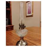 Vintage glass oil lamp, also known as a hurricane lamp, textured clear glass body and a metal base, miniature collectible oil/kerosene lamp, 10 1)2' T