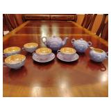 VINTAGE JAPANESE HANDPAINTED PURPLE LUSTERWARE 2 SAUCERS 5 TEA CUPS 1 CREAMER 1 SUGAR BOWL WITH LID 1 TEAPOT WITH REPAIRED LID. SEE PICS