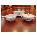 Noritake China Japan 5605 Margot, Cream & Sugar, Gravy Boat and it has a small chip in rim, see pics.