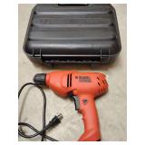 Black+Decker corded electric drill/driver. 
Model: DR201
Voltage: 120 V.
Chuck Size: 3/8 inch (10 mm).
Speed: Variable speed. Works, with case. Like new