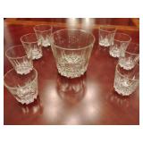 Crystal Ice Bucket, Princess House, etched floral design, starburst pattern on the base, and 8 matching highball glasses.