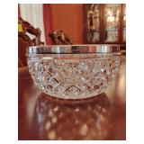 Vintage crystal bowl, diamond pattern, polished silver-plated rim, marked Made in England, 4' T, 8 1/4' across.