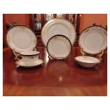 Sone China 7 piece place setting, dinner plate, salad plate, bread & butter plate, soup bowl, fruit/dessert bowl, tea cup & saucer. Stunning black & gold pattern, hand painted. Made in Japan.