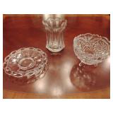 Imperial Glass Crocheted Crystal luncheon plate, EAPG celery vase/spooner, Crystal Footed Bowl featuring a 'pinwheel and star' cut pattern.