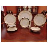 Sone China 7 piece place setting, dinner plate, salad plate, bread & butter plate, soup bowl, fruit/dessert bowl, tea cup & saucer. Stunning black & gold pattern, hand painted. Made in Japan.