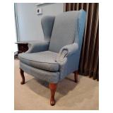 Nice Wingback, back height 42' x seat height 19 1/2' x 31' W, blue sharp flame upholstery, very small cat scratches can be shaved off, back leg has chip see pic, overall good condition, great size.